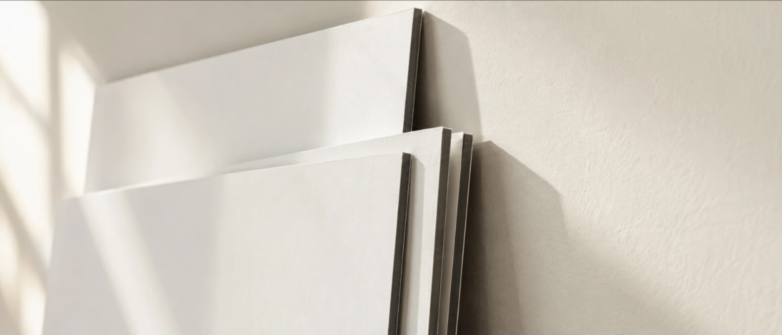Large-format presentation boards leaning against a wall